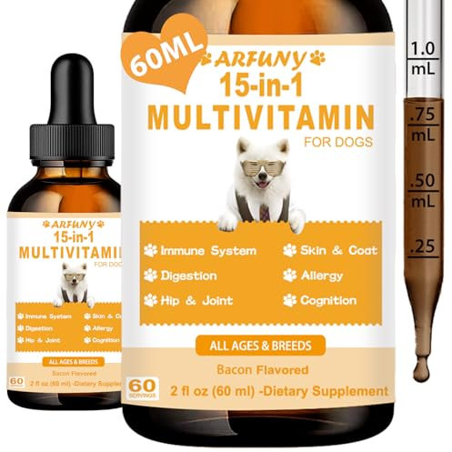 15 in 1 Multivitamin für Hunde - 60ML Nahrungsergänzungen Vitamine für Hunde Unterstützung für Gelenke, Immunsystem, Haut, Fell & Magen-Darm - Reich an Vitaminen, Glucosamin, MSM, Biotin, Cranberry