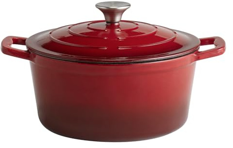 APS 88302 Cacerola con tapa 5 STARS, cazuela de hierro fundido, apta para inducción, refractaria, incl. soporte para tapa, Ø 25 cm, 4 litros, rojo