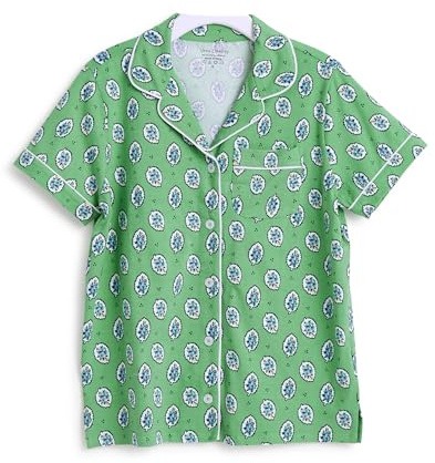 Cotton Pajama Short Sleeve Button-Up Shirt, Garden Green Leaf, 3X-Large