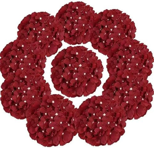 ZFISH 54 Cabezas de hortensias de Seda, Cabezas de Flores Artificiales, Flores de hortensias Falsas para el hogar, Boda, Fiesta, decoración de Mesa de Comedor, Rojo Vino, con Tallo
