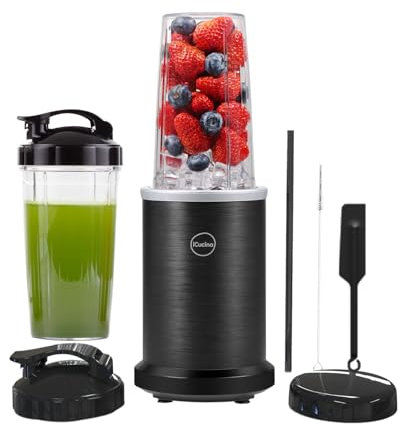 iCucina Blenders para batidos y batidos, licuadora personal de 1000 W x 2 tazas portátiles para llevar con tapas para frutas congeladas, bebidas de proteínas, hielos, juego de 13 licuadoras para