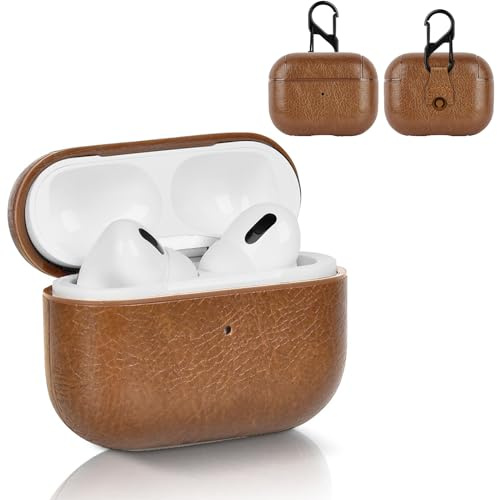 YAODLE Étui de protection compatible avec Airpods Pro 2, en TPU véritable + cuir synthétique, avec mousqueton, anti-traces de doigts, anti-abrasion (marron)