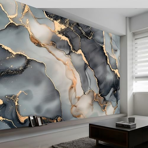 3D Wall Mural Marble Ink Gold Pattern Print Photo Wallpaper, Gray Non-Woven Wall Mural Decoration Poster Picture Design Modern 350 x 256 cm (W x H) Mural for Living Room Kids Bedroom