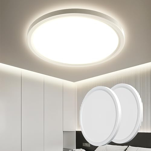 OTREN Plafoniera LED Soffitto, 4000K IP44 Plafoniera Bagno Rotonda, Lampadario LED Soffitto per Soggiorno Camera da Letto Cucina Balcone Corridoio, 21.8CM - 2 Pezzi