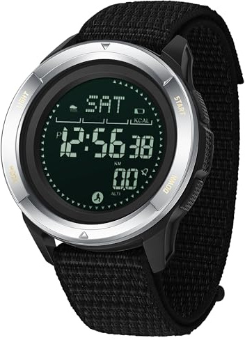 findtime Montre de sport pour homme avec boussole, podomètre, compteur de calories, montre étanche militaire, chronomètre, montre de course à pied, bracelet en nylon, Argenté.