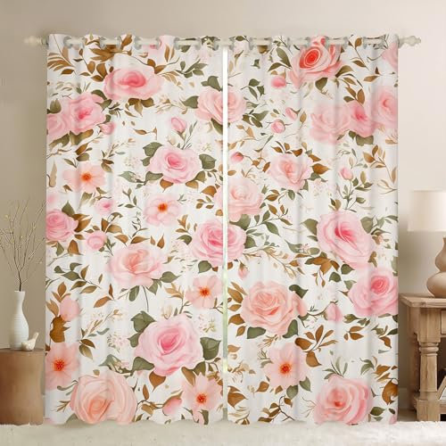Homemissing Pink Floral Window Drapes Floral Botanical Flower Window Curtains for Bedroom Living Room Kids Girls Women Vintage Pink Rose Curtains Romantic 30%-50% Blackout Curtains, W46*L54,2 Panels
