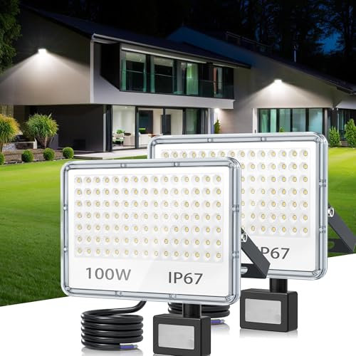 TASINUO Projecteur LED Exterieur Detecteur de Mouvement 100W, Spot LED Extérieur Detecteur de Mouvement 10000LM 6500K, IP67 Etanche Éclairage de Sécurité pour Jardin, Patio, Garage, Entrée, Lot de 2