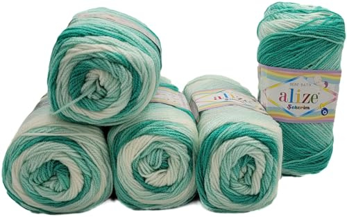5 x 100g Babywolle Ilkadim Export Sekerim Bebe Batik Mehrfarbig, 500 Gramm Wolle Acryl Strickgarn (grün weiss 6317)