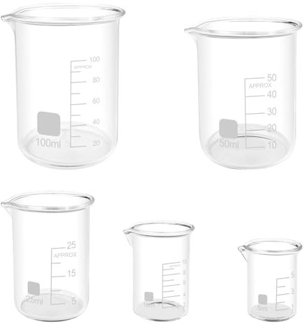 Lixiluxia 5Pcs Verre Doseur en Verre, Bécher Gradué en Verre Borosilicate, Verrerie de Laboratoire, Tasse à Mesurer 5 Tailles 100ml 50ml 25ml 10ml 5ml, pour Laboratoire, Salle de Classe, Cuisine