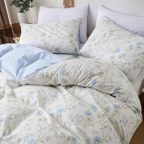 Covebett Bettwäsche Set 155x220 2teilig Baumwolle Weiß Blau Blumen Blätter | Bettbezug und 1 Kissenbezug 80x80 cm, Floral Blümchen Pflanzen, Mädchen, Aesthetic, ÖKO-TEX, Bettwäsche-Sets, Reißverschluss