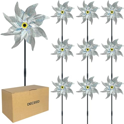 DECEED 10 Pack Reflective Pinwheels Pre-Installed Bird Devices for Yard and Garden Sparkly Wind Spinner 20.8”H x 6.8”W Deterrent to Scare Birds Away from Yard Patio Farm（Silver）