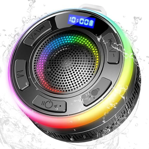 PRSCFUM Bluetooth Shower Speaker, Portable Wireless Speaker IP7 Waterproof Speaker 360° Surround Sound, Bulit-in Mic, LED Light, Bathroom with Suction Cup for Bathroom, Party, Outdoor, Travel (New)