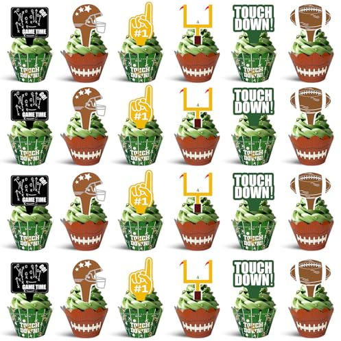48Pcs Football Cupcake Toppers and Wrappers | Football Theme Birthday Sports Game Day Sunday Party Decoration Supplies
