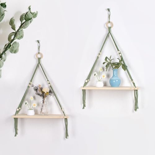 HVEST Green Hanging Shelf Set of 2, Boho Wall Decor, Floating Shelves for Plants, Photos, Books, Farmhouse Rustic Wood Plant Shelf for Bedroom Bathroom Living Room Dorm Nursery