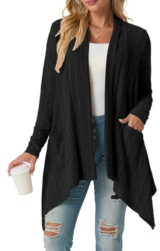 GRECERELLE Cardigan da donna, lungo, a maniche lunghe, leggero, con tasche, orlo asimmetrico morbido