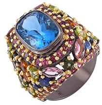 Bague en argent sterling 925 rhodié noir plaqué or topaze bleue multi saphir tourmaline rectangulaire 16 x 11 mm marquise 6 x 3 mm poire 5 x 3 mm rond 1,5 mm SZ- 49 (15,6), J 1/2