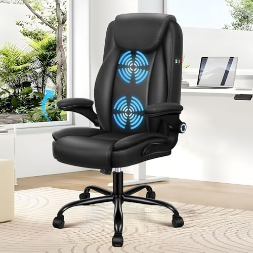 ELFORDSON Massaging Office Chair for Home, High-back Executive Desk Chairs with 90° Flip-up Armrests, 150° Recliner, Adjustable Height, Swivel, Ergonomic Work Chair, PU Leather, Black