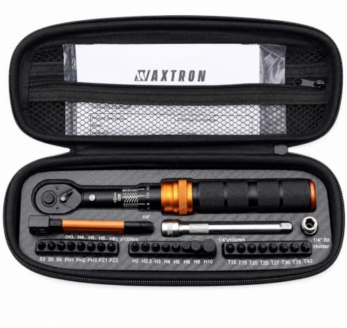 WAXTRON Drehmomentschlüssel Set für Fahrrad, 1/4 Zoll, 2-20 Nm, 35-teilige | ±3% ISO Genauigkeit, 0,15 Nm Feineinstellung, 72-Zahn Ratsche, inkl. Verlängerung, Innensechskant und Torx Bits