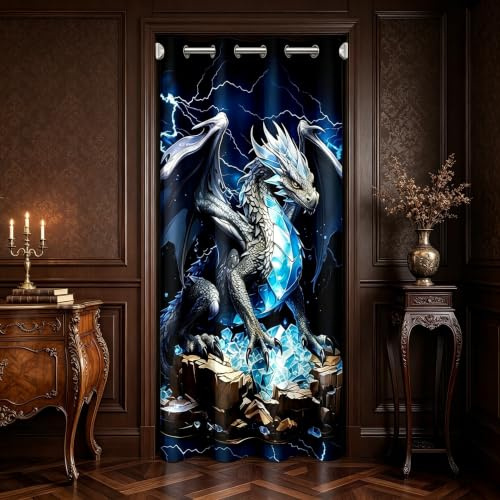 feelingyou 3D Westlicher Drache Tür Vorhang 86x203cm Thunder Blitz Türway Vorhänge für Outdoor Blauer glänzender Diamant Tür Vorhänge für Schlafzimmer