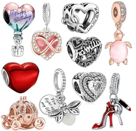 10 ciondoli da donna, color argento, vintage, ciondoli per collane e bracciali fai da te, set di gioielli con zirconi per braccialetti e collane Pandora europei