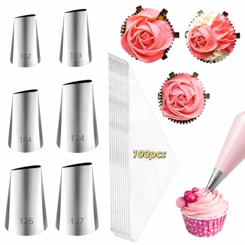 LLMSIX 106pcs Petal Piping Tips and Bags Set, 6pcs Rose Piping Tip with 100 Disposable Pastry Bags, Stainless Steel Flower Icing Tip for Cupcake Cake Roses Ruffles Flower Design