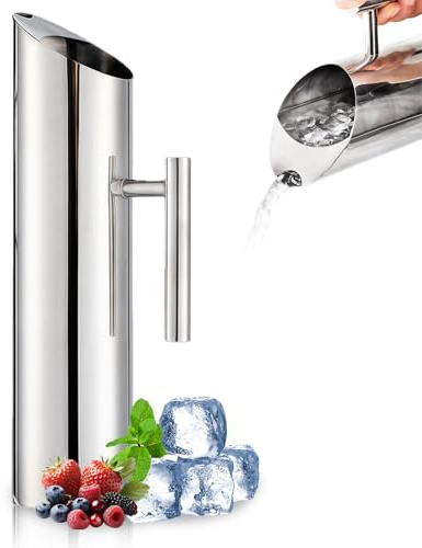 Jarra de agua de acero inoxidable, moderna jarra de metal de 2 litros con protector de hielo, con asa, para nevera, ideal para leche, jugo, té helado, café, agua de limón, cerveza