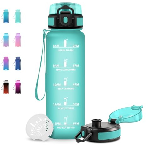 JAPORIA Gourde Sport 1L, Gourde sans BPA, Bouteille avec Filtre et Marqueur de Temps, Bouteille Sport pour Fitness, Randonnée, Yoga, Camping