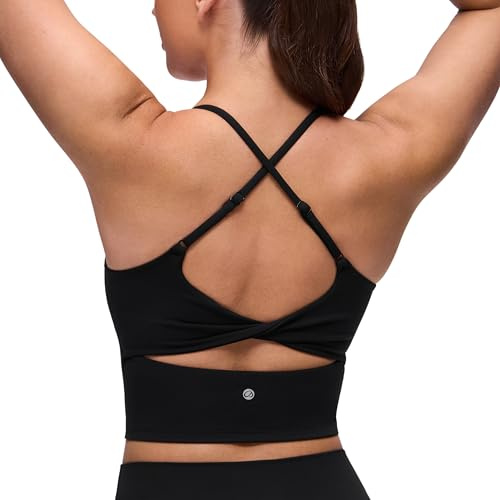CRZ YOGA Butterluxe Twist Back Crop Tank Tops Black Medium | Built in Bra, Light Support, Removable Pads, Yoga, Extremely Soft, Cut-Out Crossback, Longline Sports Bras for Women