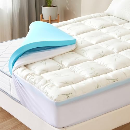 KMFurnila Dual Layer Memory Foam Mattress Topper, 2 Inch Gel Memory Foam and Cooling Pillow Top Mattress Pad Cover for Back Pain Relief, Breathable, Cooling