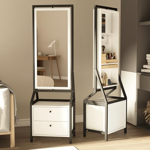 ZKLOEP 360° Schmuckschrank mit Ganzkörperspiegel, drehbarer Schmuckschrank mit 2 unteren Schubladen, frei drehbar, geräumiger Stauraum