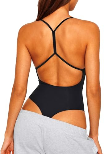 HAWILAND Women Scoop Neck Backless Bodysuit Sleeveless Y Back Vest Tank Top | Sexy Open Back Thong Body Suit, Camisole Leotard, Going Out Basic Cami Shirt