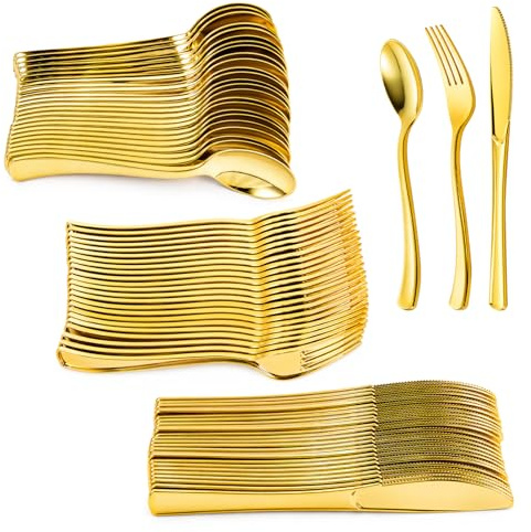 YORKING Gold Plastic Cutlery Set Plastic Forks Knives Spoons Bulk Party Tableware Elegant Party Supplies for Wedding Birthday Dinner Christmas Event (150Pcs Gold)