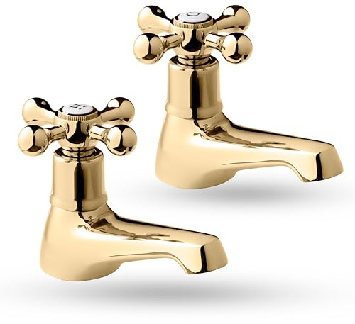 Deva Tudor Basin Taps - Traditional Gold Brass Victorian Style - Hot & Cold Cross Head Lever Handle - Pair of Bathroom Tap Toilet Sink Wash Faucet Set of 2 TUD01/501 – 12 Year Warranty