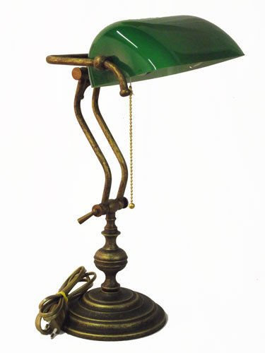 Lampe de table, style lampe de banquier, en verre vert et laiton - Fabriquée en Italie