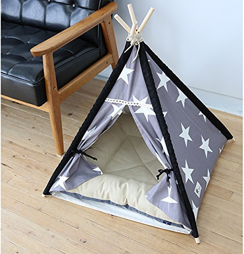 Lily&her friends - Haustier Tipi, Baumwoll-Leinen-Zelt für Hunde und Katzen, waschbares, Wigwam, tragbare Hundezelte, Haustierhäuser von indischem Design mit dickem Kissen (grau, große Sterne, mittel)