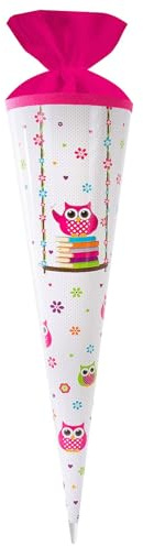 goldbuch 97 143 Schultüte Eule, Geschenktüte aus Lackkarton mit Eulen als Motiv, Geschenkverpackung mit pinkem Filzverschluss (ohne Verschlussband), Zuckertüte rund, Länge 70 cm, Ø 19 cm, Weiß