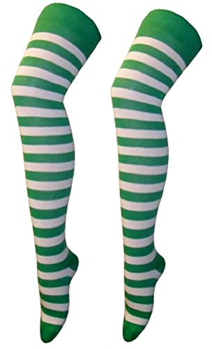 Crazy Chick New Womens Over The Knee Long Horizontal Stripe Print Ladies Thigh High Striped Patterned Overknee Socks (White/Green)