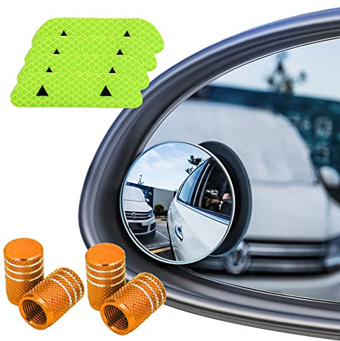 Senven Espejo De Punto Ciego (2 Paquetes) Adhesivo Reflectante (4 Paquetes) tapa valvula(4 Paquetes) Rimless Hd Cristal Gran Angular Girar Ajustable 360 ° Hd Espejo Retrovisor Universal - 10Paquetes