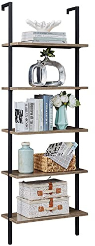 SUPERJARE Industrial Ladder Shelf, 5-Tier Wood Wall-Mounted Bookcase with Stable Metal Frame, 72 Inches Storage Rack Shelves Display Plant Flower, Stand Bookshelf for Home Office - Vintage Brown
