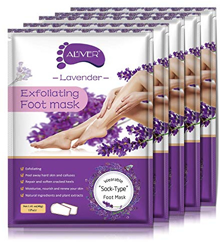 ALIVER Foot Peeling Mask - 5 Pack, Exfoliating Mask Make Feet Baby Soft, Foot Mask for Dry Cracked Skin, Peeling Away Dead Skin, Calluses - Lavender