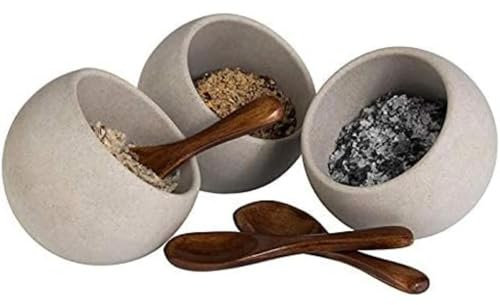 APS Set da Portata Moon - Set da 6 Pezzi: 3 Ciotole in melamina (Ø 8cm) + 3 cucchiai in Legno, Grigio