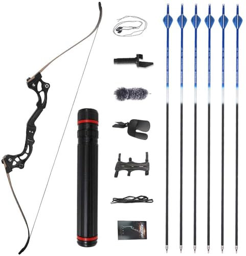 ZSHJGJR Takedown Recurve Bogen und Pfeil Set 64 Zoll Jagdbogen 30-55lbs Traditionell Holzbogen Longbogen mit Zubehör und Carbonpfeilen (40lbs)