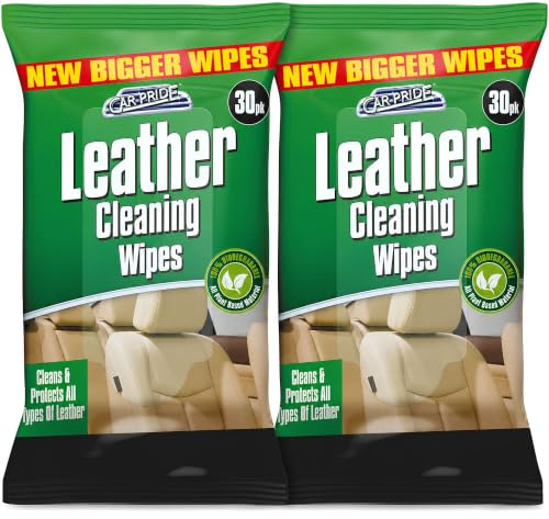 Leather Cleaning Wipes 2 x 30 Pack, Biodegradable Leather Wipes for Car Seats, Sofas, Bags, Shoes & Jackets, Cleans, Conditions & Protects Leather, 60 Wipes Total