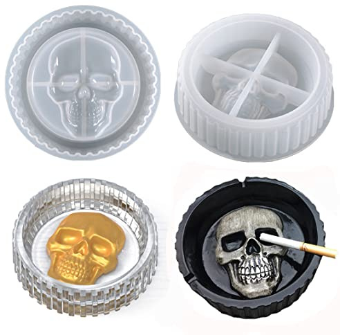 HyzaPhix Moules en Résine Époxy Cendrier, Moule Silicone Tete de Mort Moulle Boîte de Rangement Cristal Moulage Rond Ashtray Resin Mold pour la Fabrication de Halloween Décoration, DIY Bougeoir