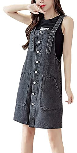 Yishengwan Salopette Gonna Donna Jeans Corto Vestito Salopette Overall Senza Maniche Denim Vestiti con Tasca Grigio M