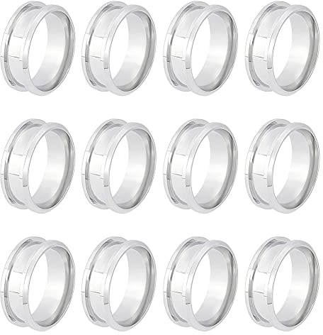 UNICRAFTALE 12 anillo de Núcleo En Blanco Tamaño 8 anillo de Dedo Ranurado de Acero Inoxidable con Bolsas de Terciopelo Anillo Vacío Redondo En Blanco para Anillos de Incrustaciones Alianzas de Boda