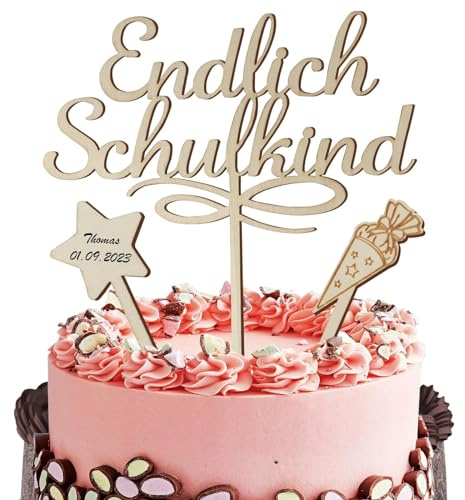BHGT Cake Topper Endlich Schulkind Tortendeko Einschulung Holz Torten Topper Cupcake Kuchen Deko Schulanfang Schuleinführung 1. Schultag Party Deko Geschenk für Junge Mädchen Kinder