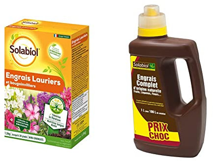 SOLABIOL SOLAURY15 Engrais organique longue durée pour Lauriers et Bougainvilliers, 1,5 kg & SOLICOMP1 Liquide universel bio 1L