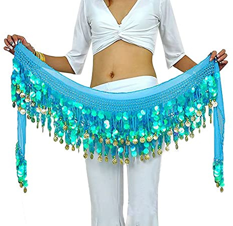 Rubruan Bauchtanz Hüfttuch Taillenkette Gürtel – Professionelles Tanzkostüm Sexy Tanzkleid Rock Outfit Zubehör mit 88 Münzen Pailletten Hüftschal für Damen Mädchen Doppellagig – 160 cm