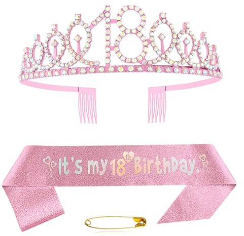 18. Geburtstag Schärpe Und Tiara Krone Rosa Kristall Geburtstagkrone Set Rosa Geburtstagskrone Schärpe Deko Birthday Crown für Mädchen Frauen Birthday Party Accessoires Geburtstagsdeko 18